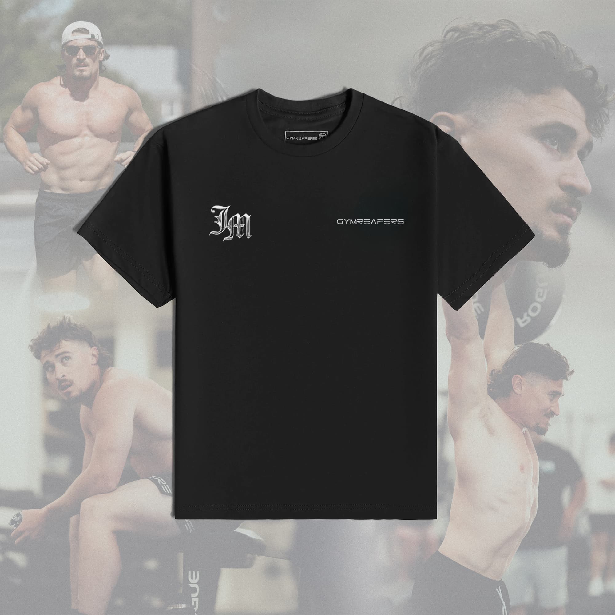 Front of the Justin Medeiros Signature Tee with “JM” and GYMREAPERS logos on the chest, shown over a workout collage of Justin Medeiros.