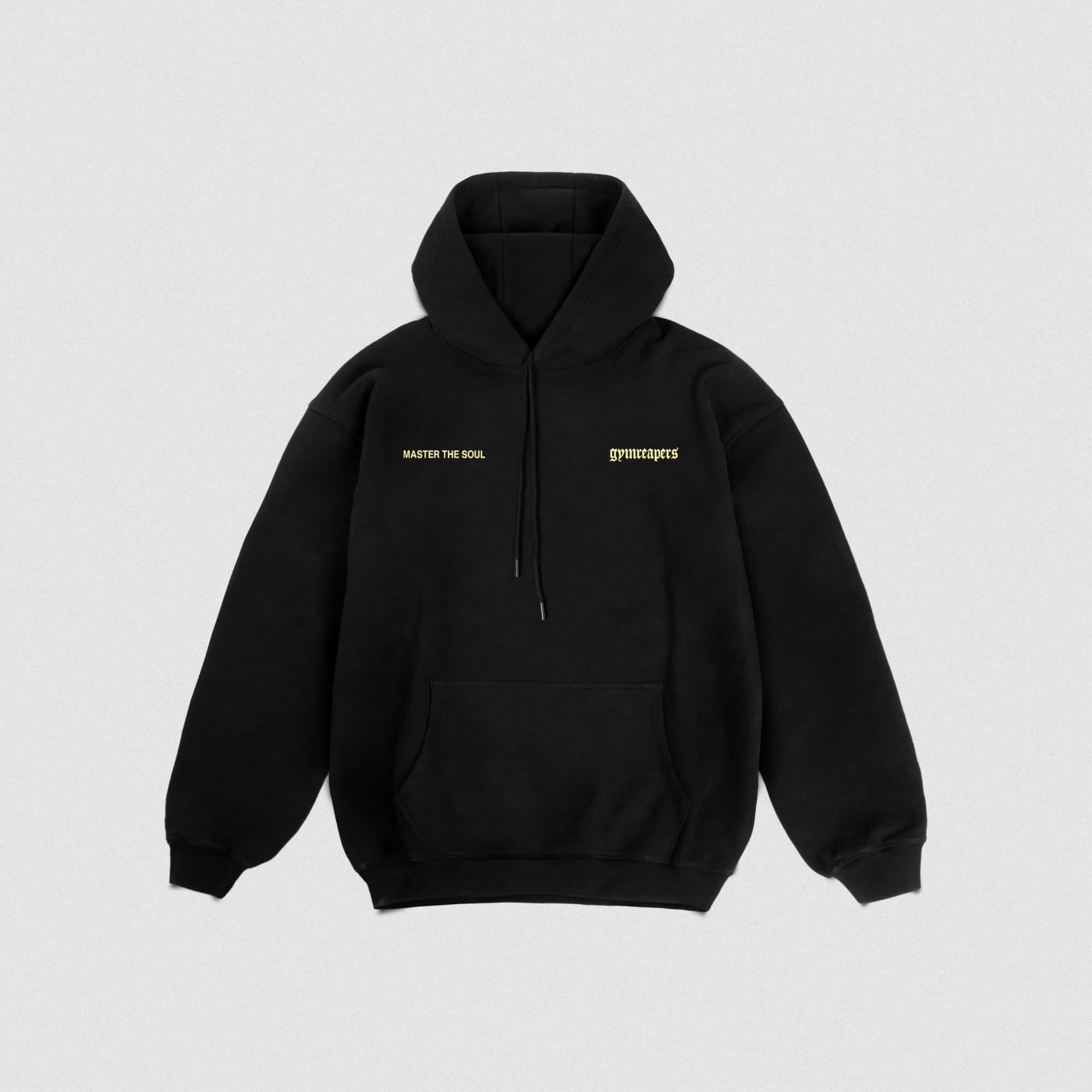 Front view of Gymreapers Master the Soul Hoodie with chest logos, shown on a gray studio background.