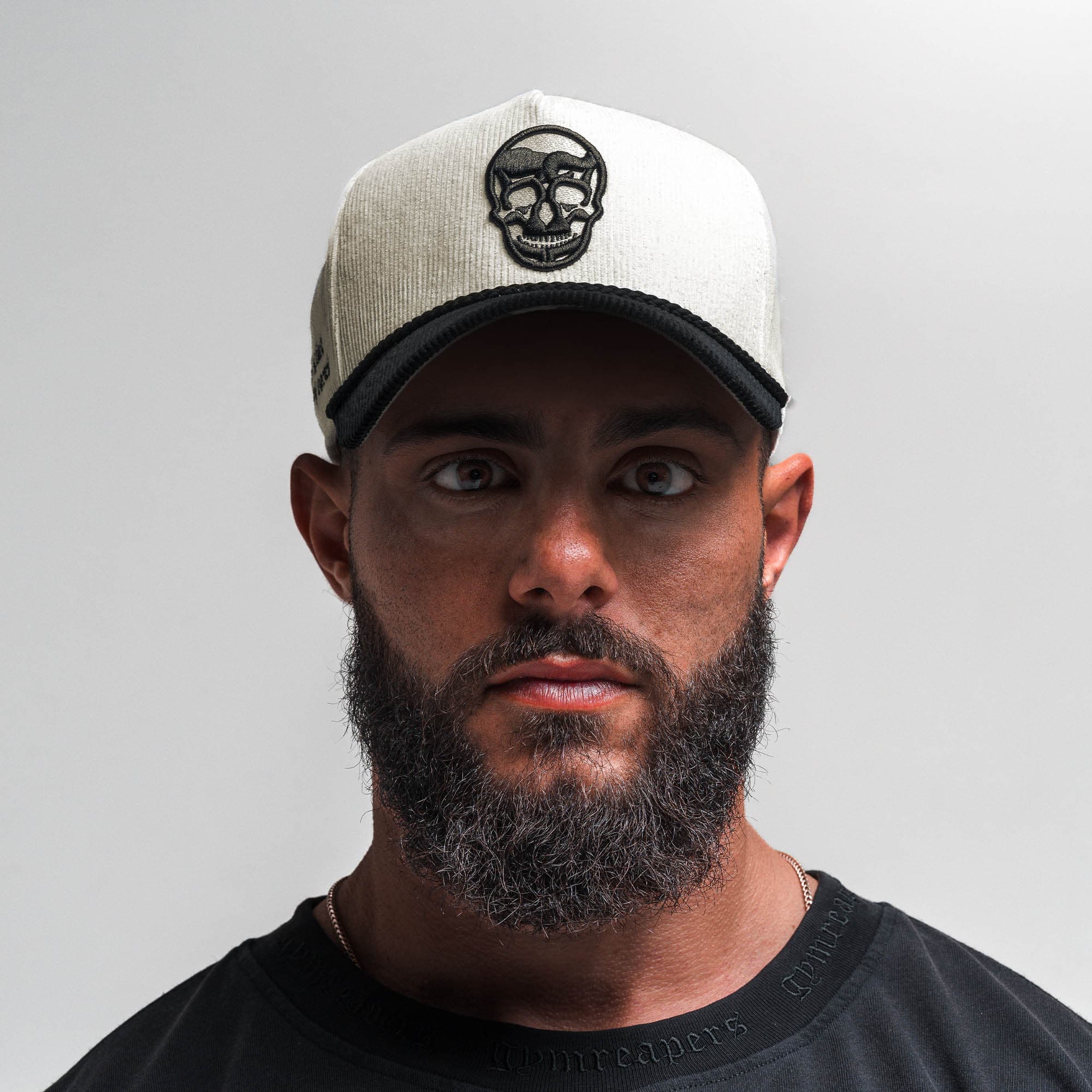 Corduroy 5-Panel Skull Hat - Cream/Black