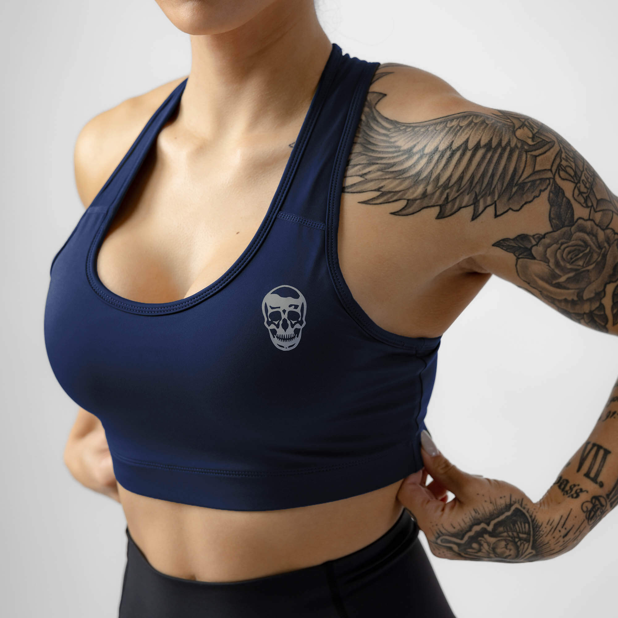 navy performance bra front close up