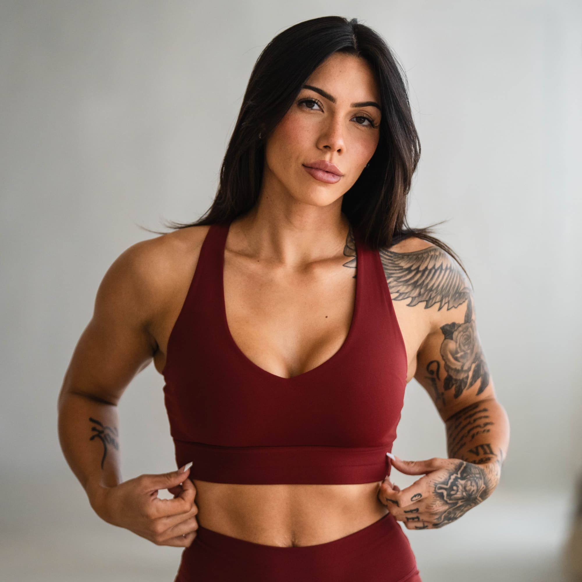 Model wearing the Olympia Harmony Bra, front view.