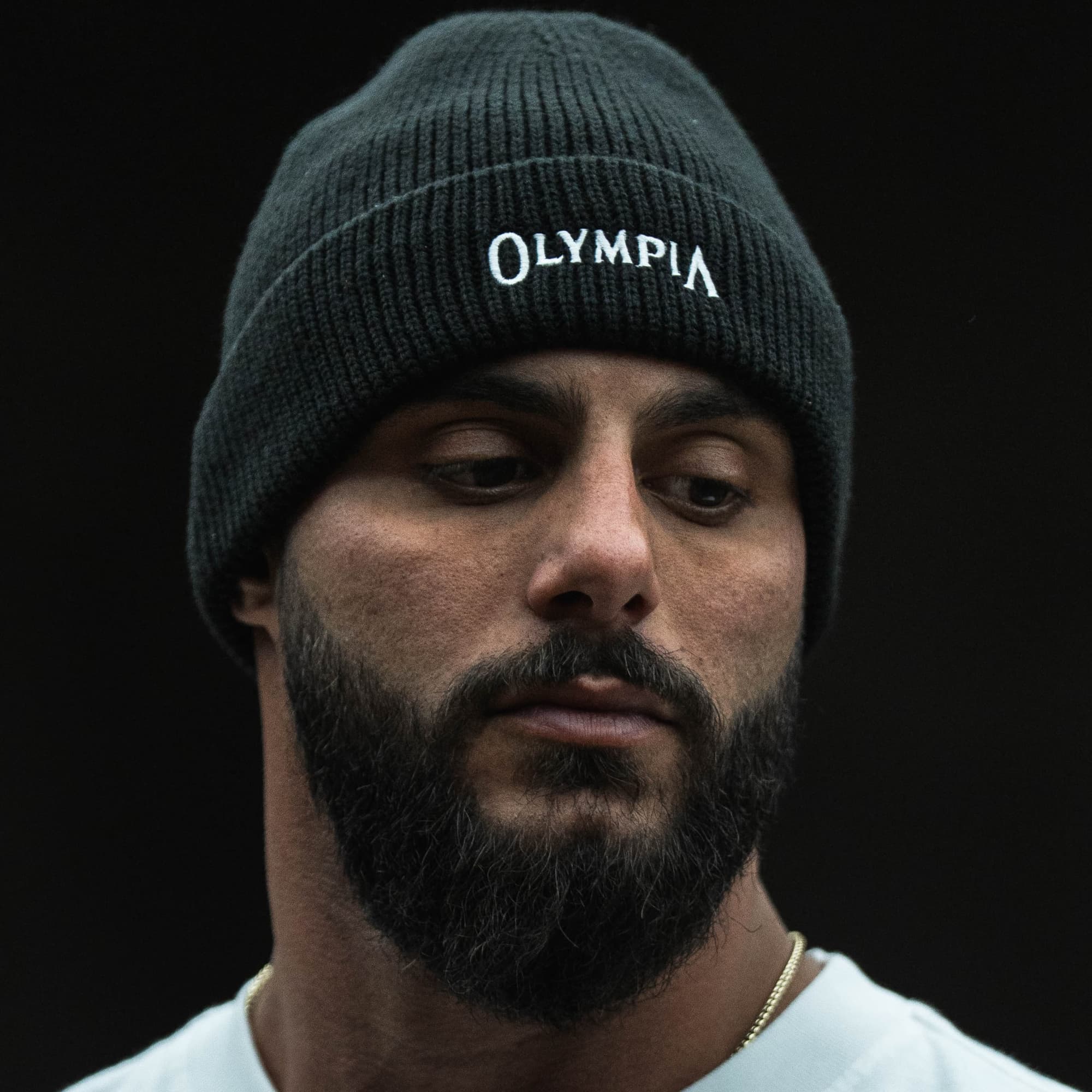 olympia beanie close up on body