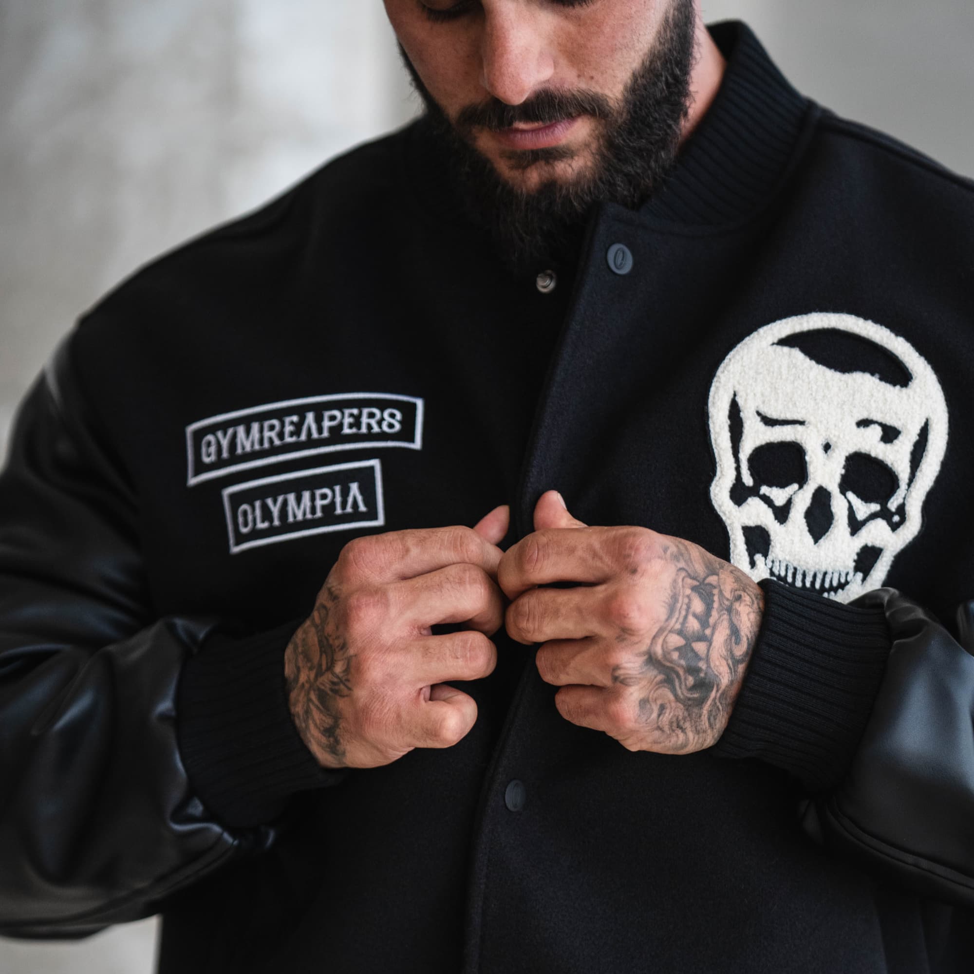Athlete wearing Electric Skull Jacket close up shot of front