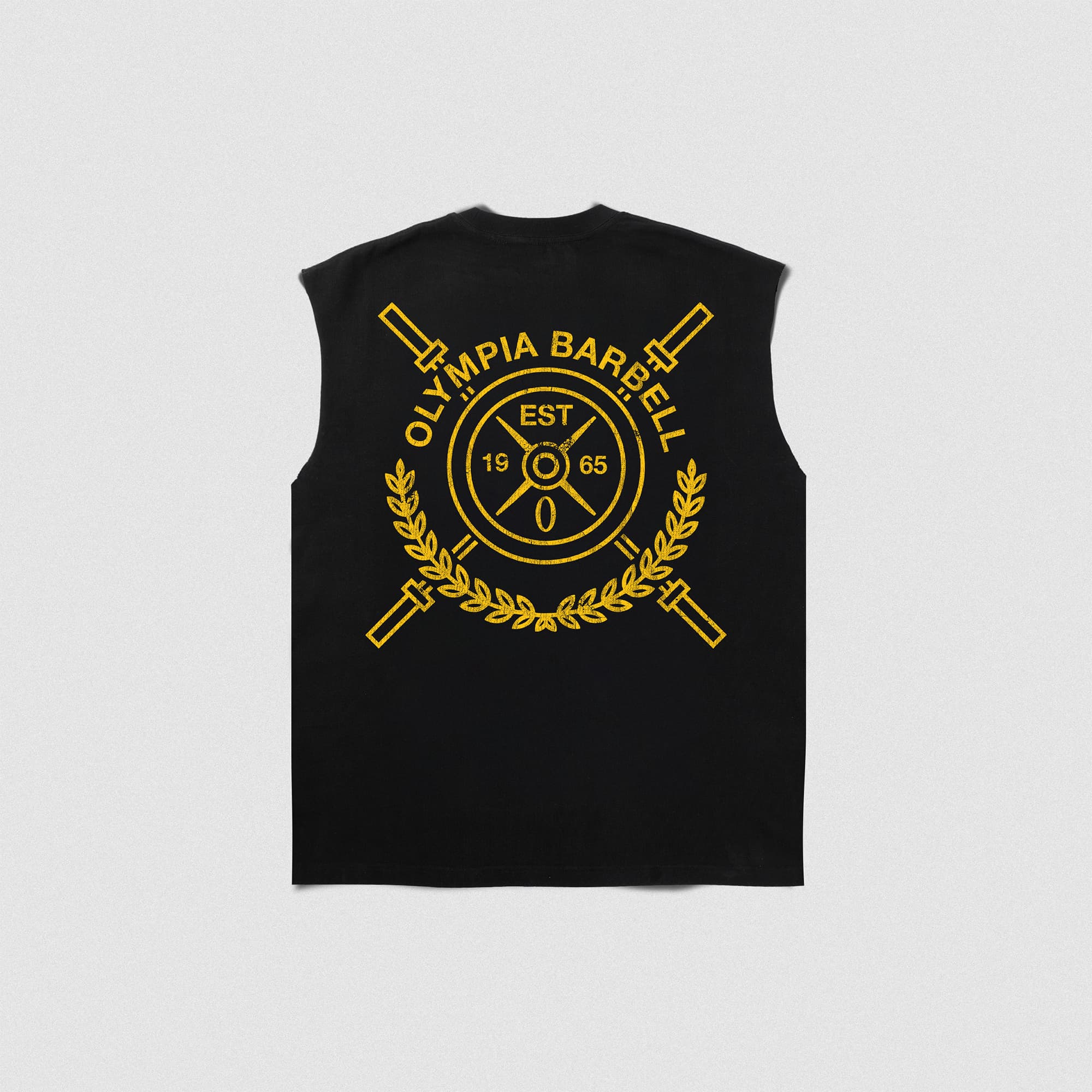 Back view of the black Olympia Crest Cut Off featuring large gold crest graphic with barbells and laurels