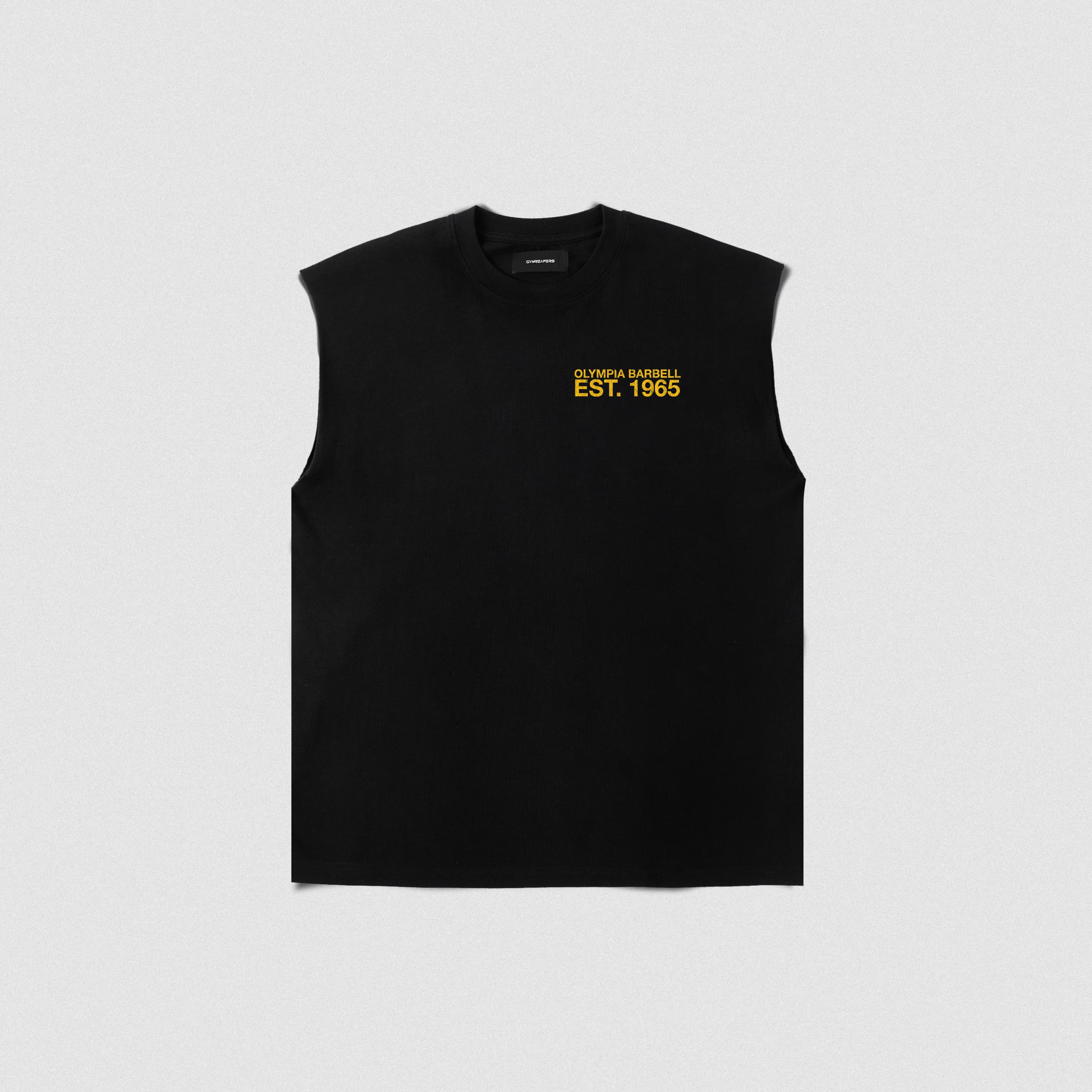 Front view of the black Olympia Crest Cut Off with small gold “Olympia Barbell Est. 1965” chest graphic