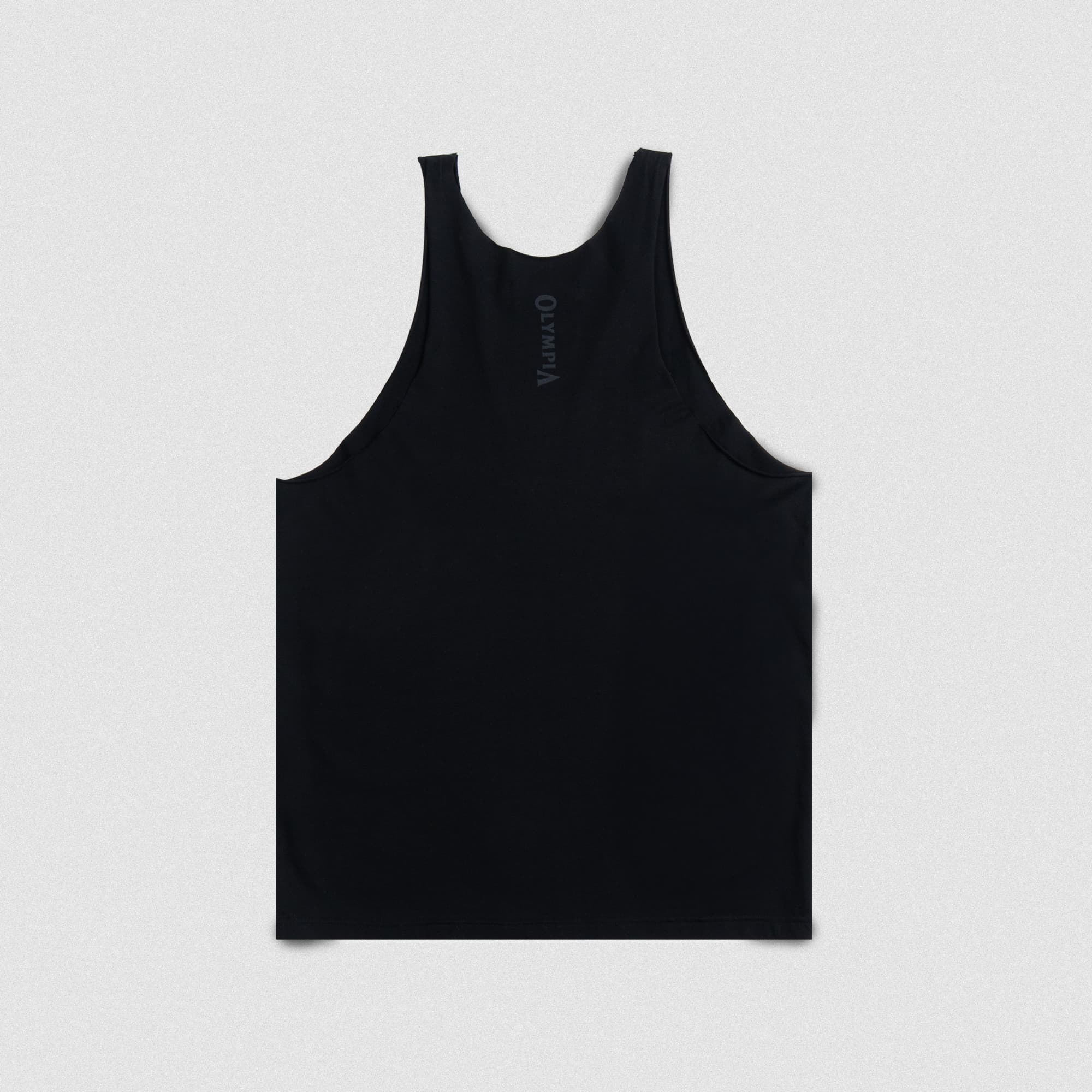 Black Raw Hem Olympia Stringer laid flat showing back with vertical “Olympia” logo at upper back.
