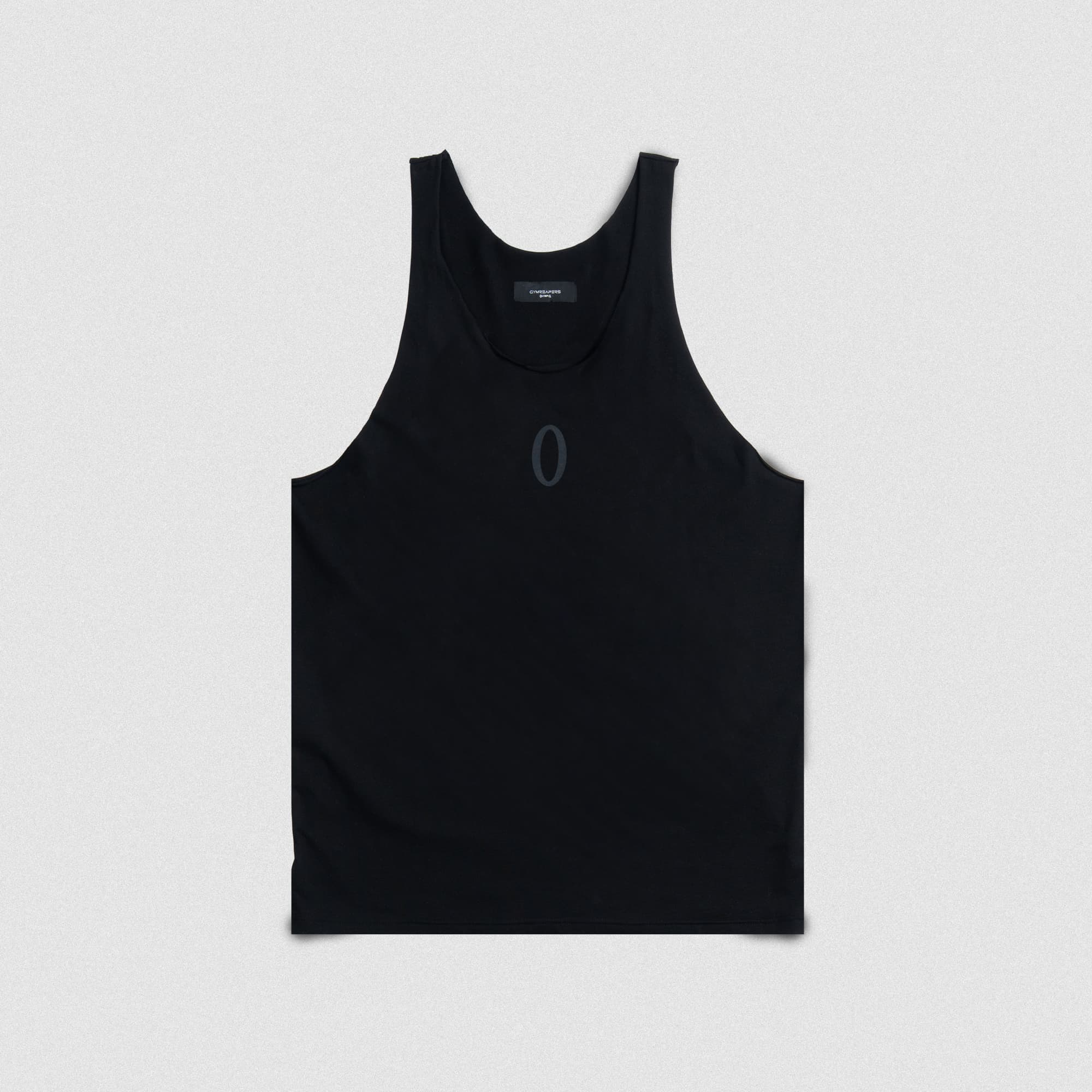 Black Raw Hem Olympia Stringer laid flat showing front with tonal “O” logo at center chest.