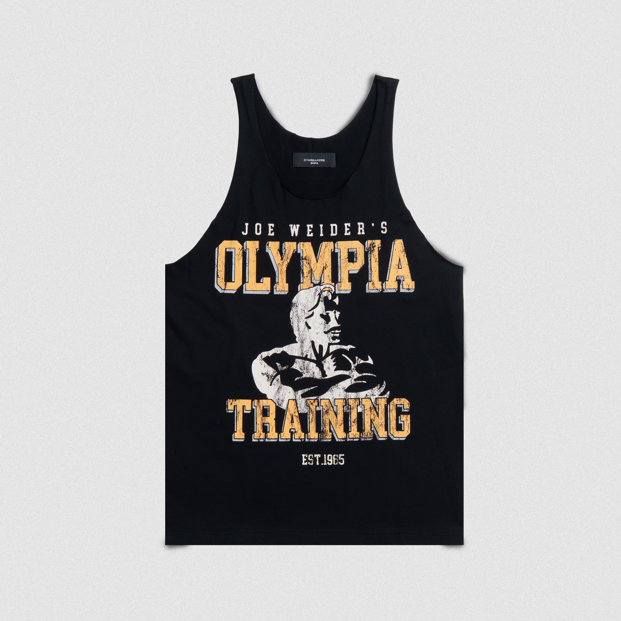 Front product view of the Raw Hem Olympia Training Stringer featuring a bold vintage-style “Joe Weider’s Olympia Training” graphic in yellow and white with an illustrated physique design.