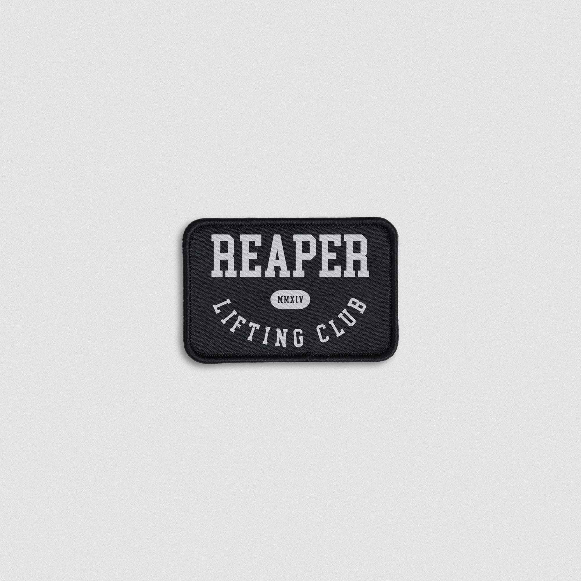 Black Reaper Lifting Club patch with bold white lettering and MMXIV oval emblem, featuring a hook-and-loop backing.