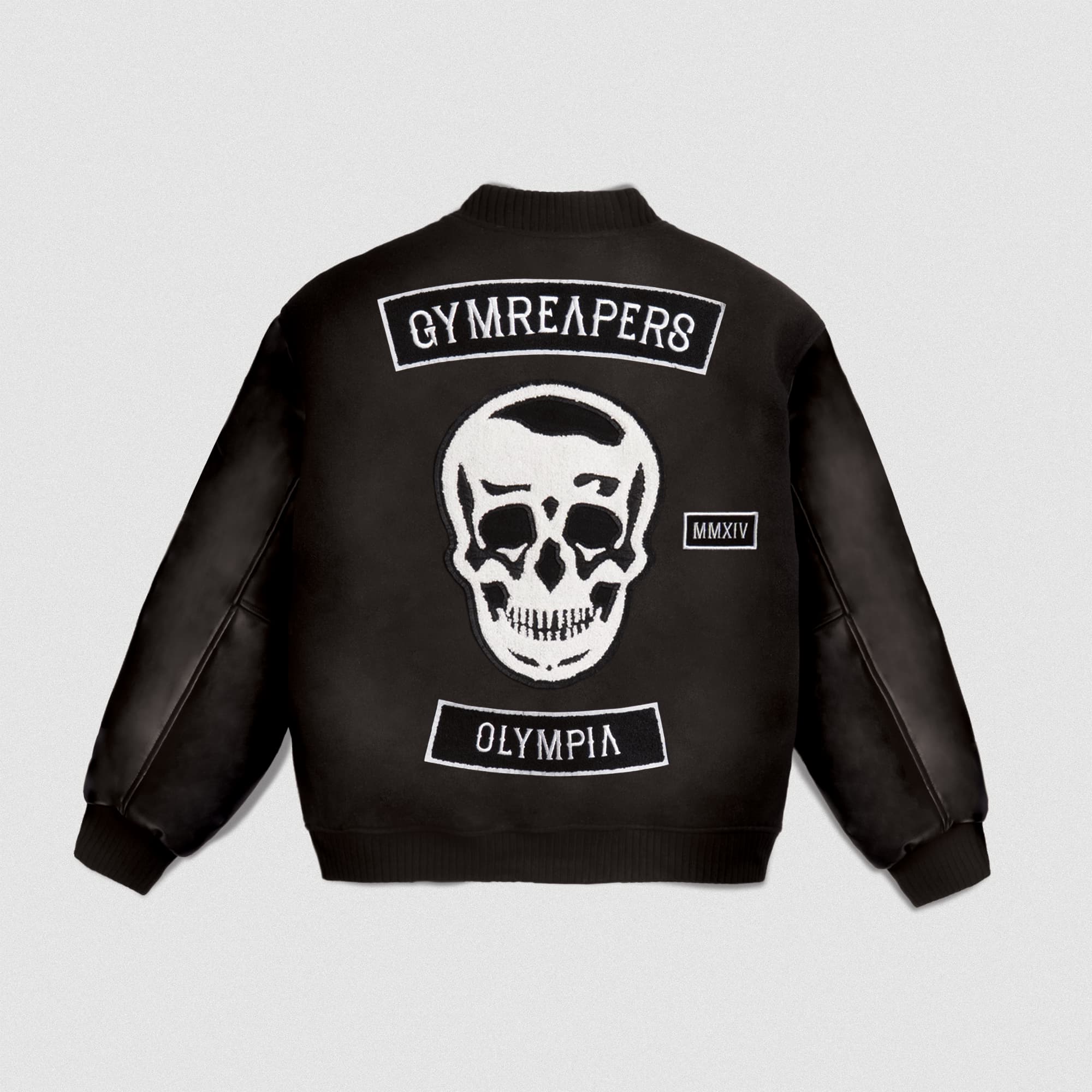 Back view of the Gymreapers x Olympia Varsity Jacket with large skull and embroidered branding