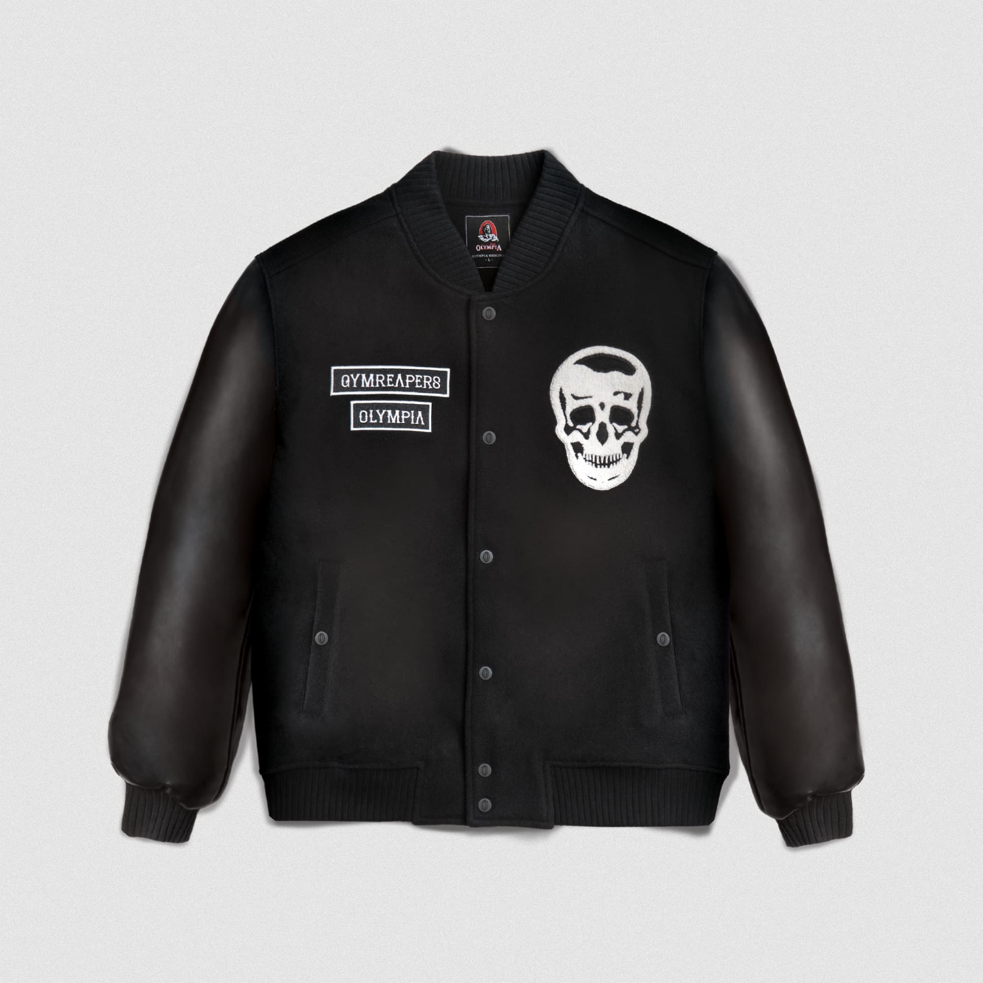 Front view of the Gymreapers x Olympia Varsity Jacket with chest and sleeve patches