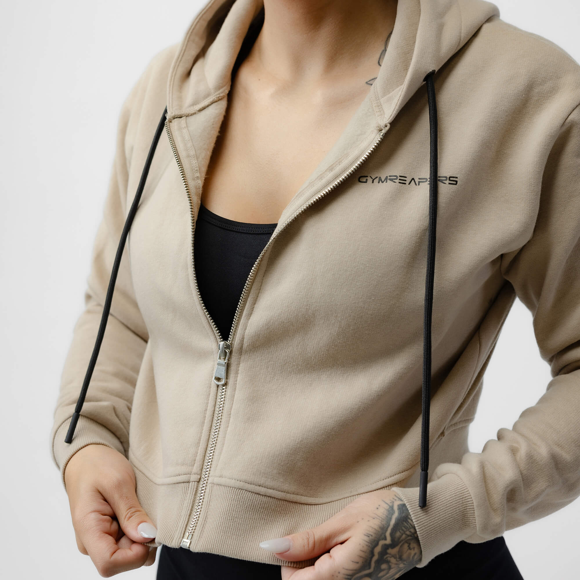 tan cropped hoodie front close up