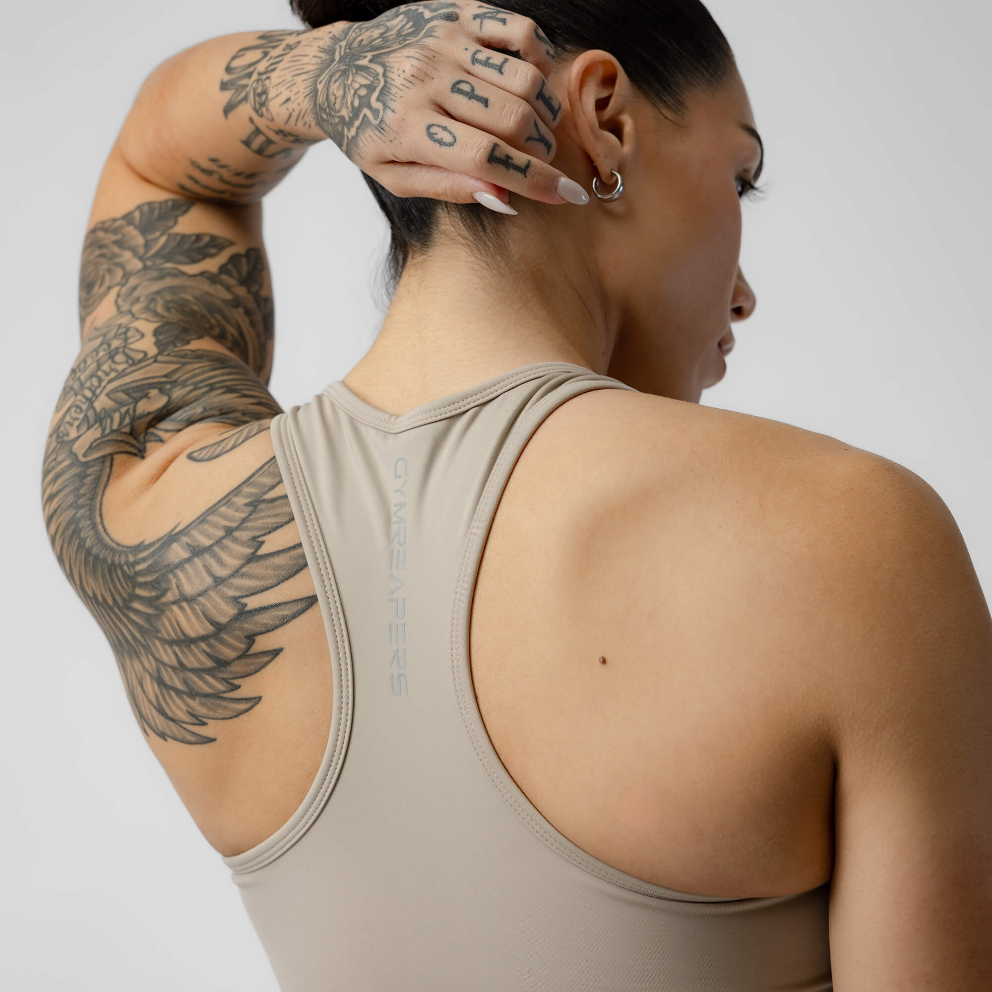taupe performance bra back detail