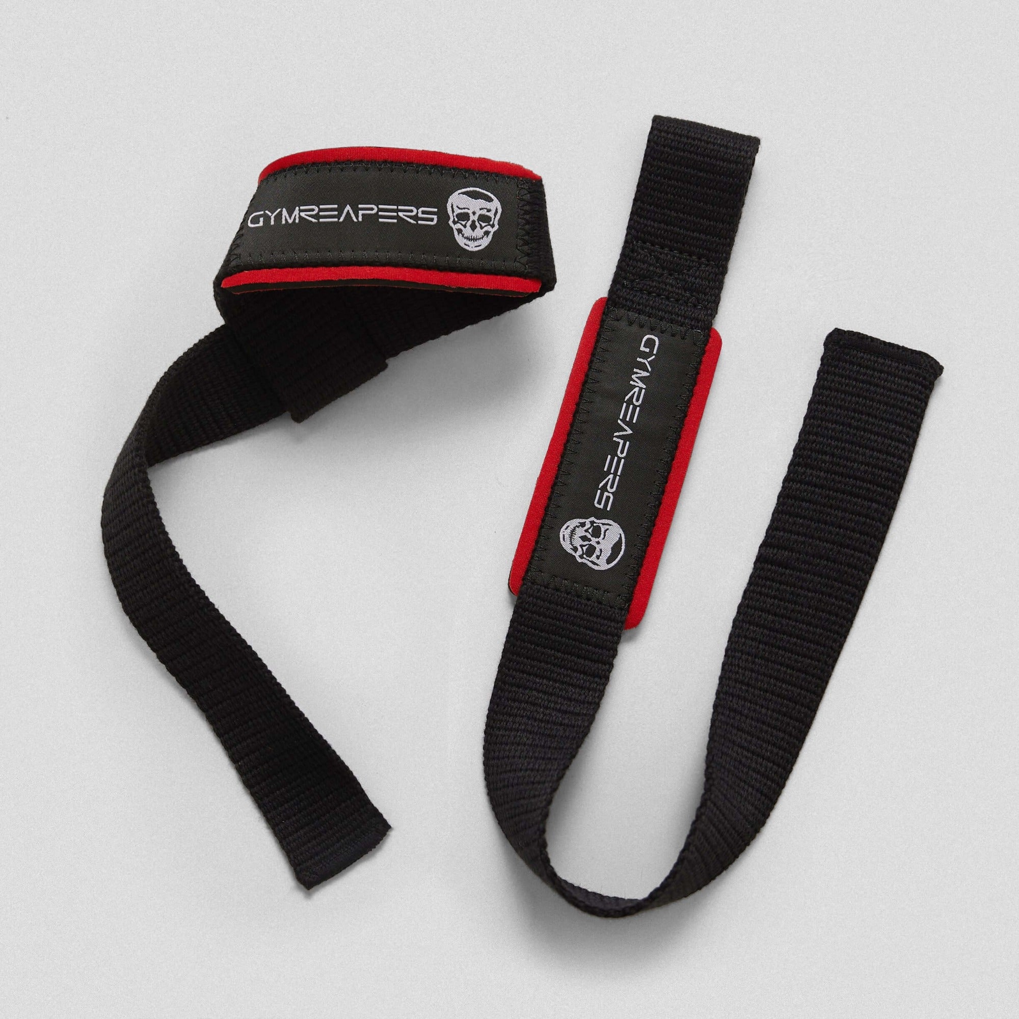 black red lifting straps flat and wrapped