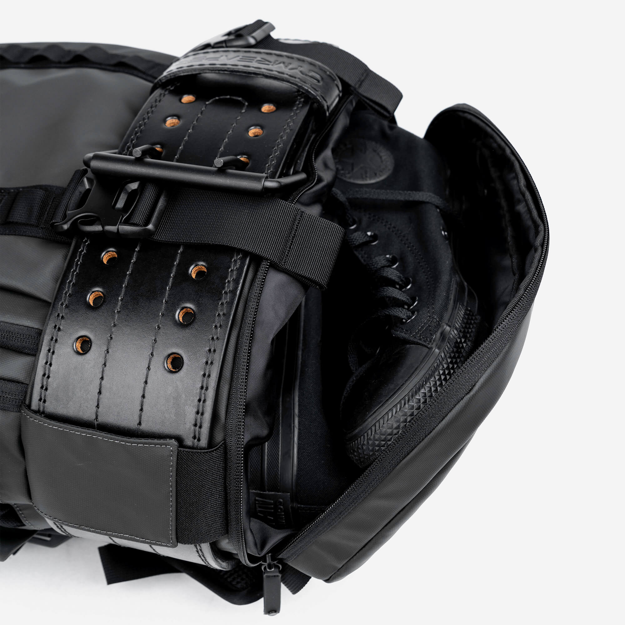 gunmetal backpack shoe pocket