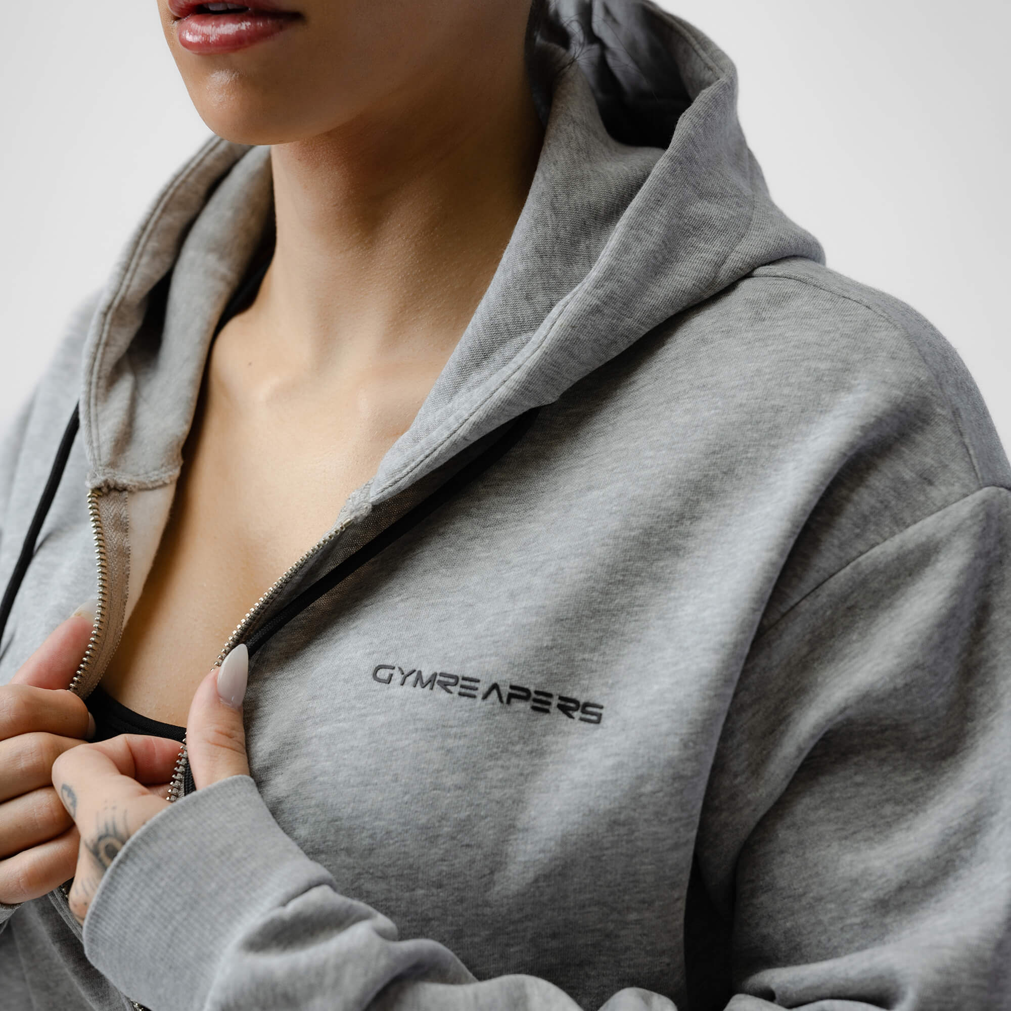 heather gray cropped hoodie close up detail