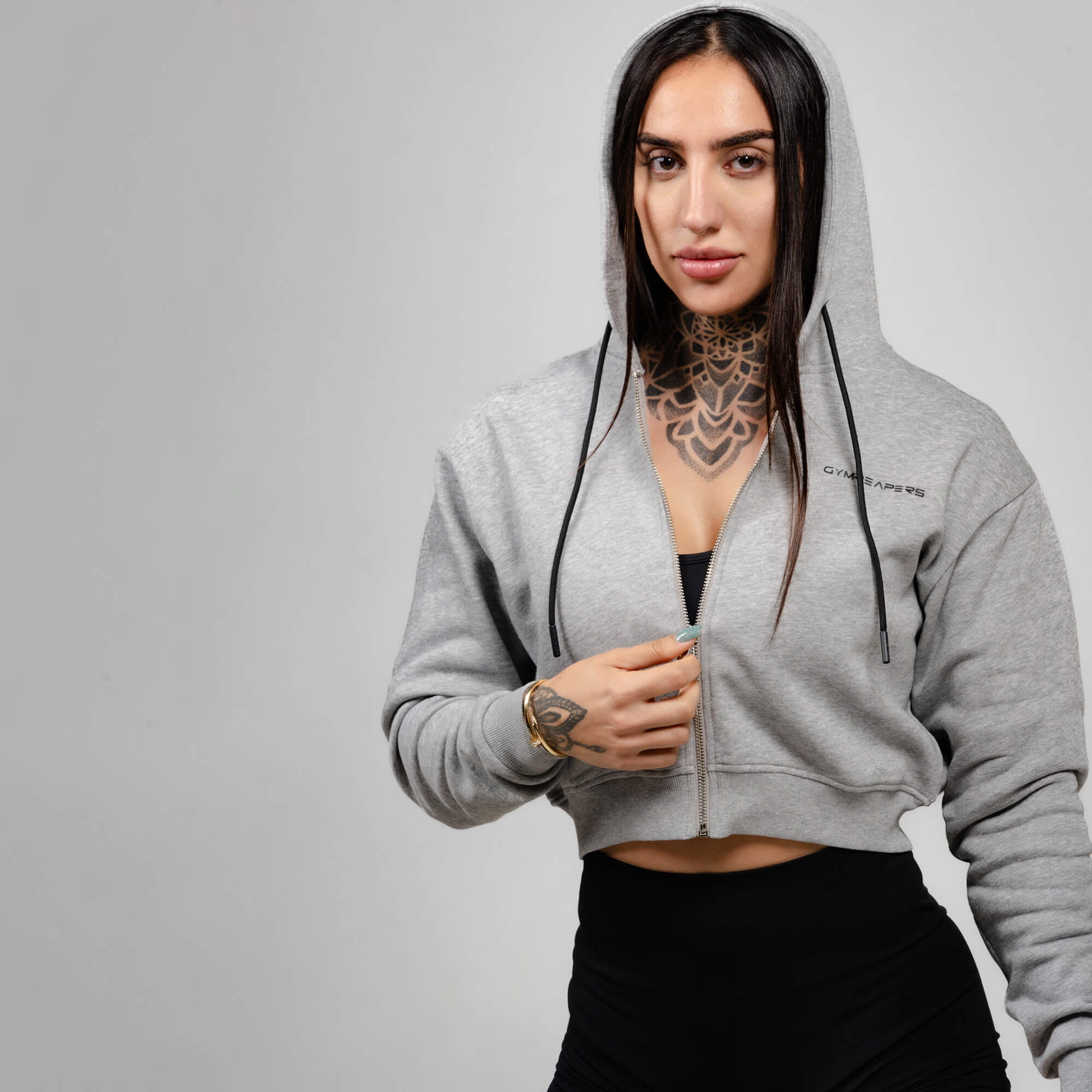 heather gray cropped hoodie hoodie on