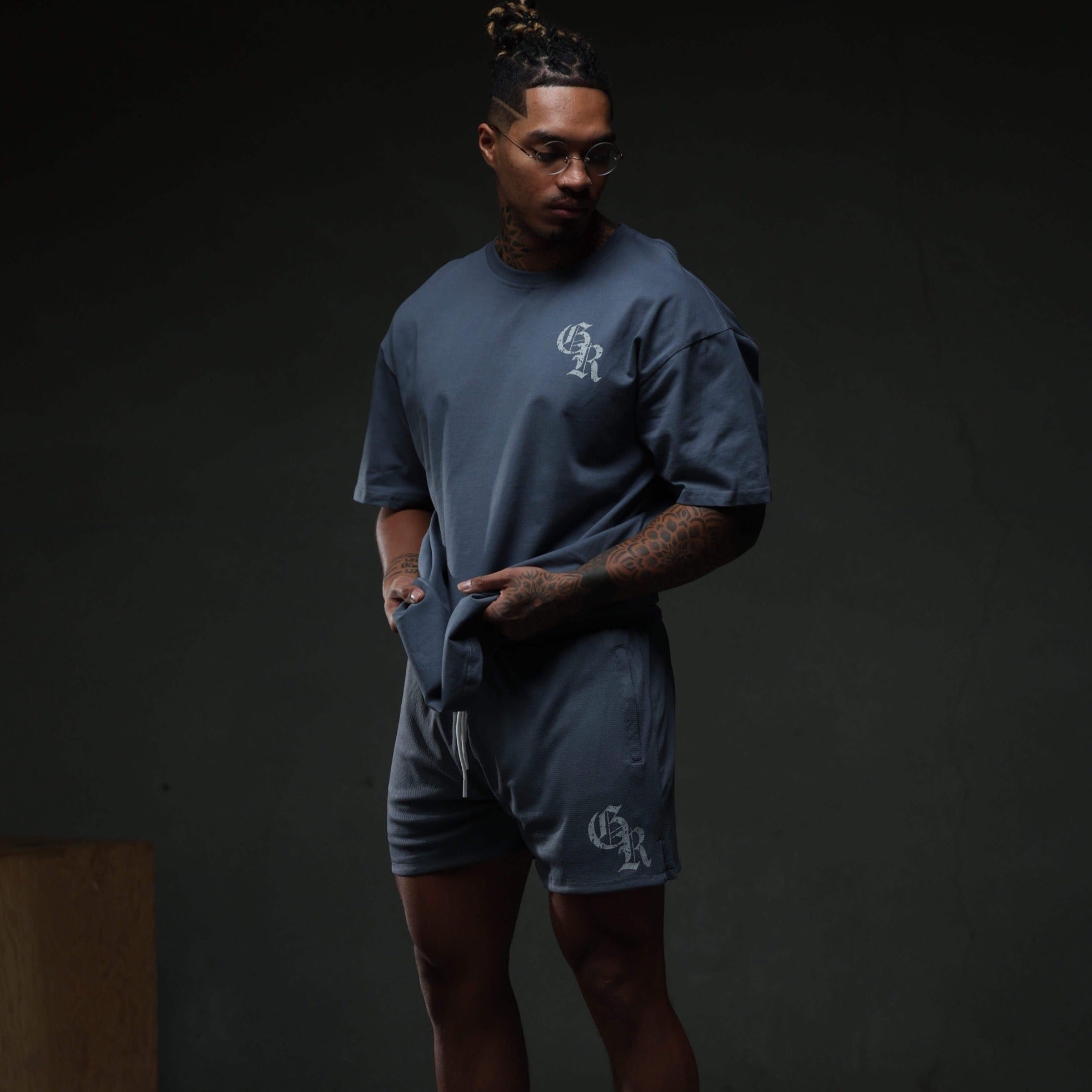 initial shorts faded blue studio lifestyle