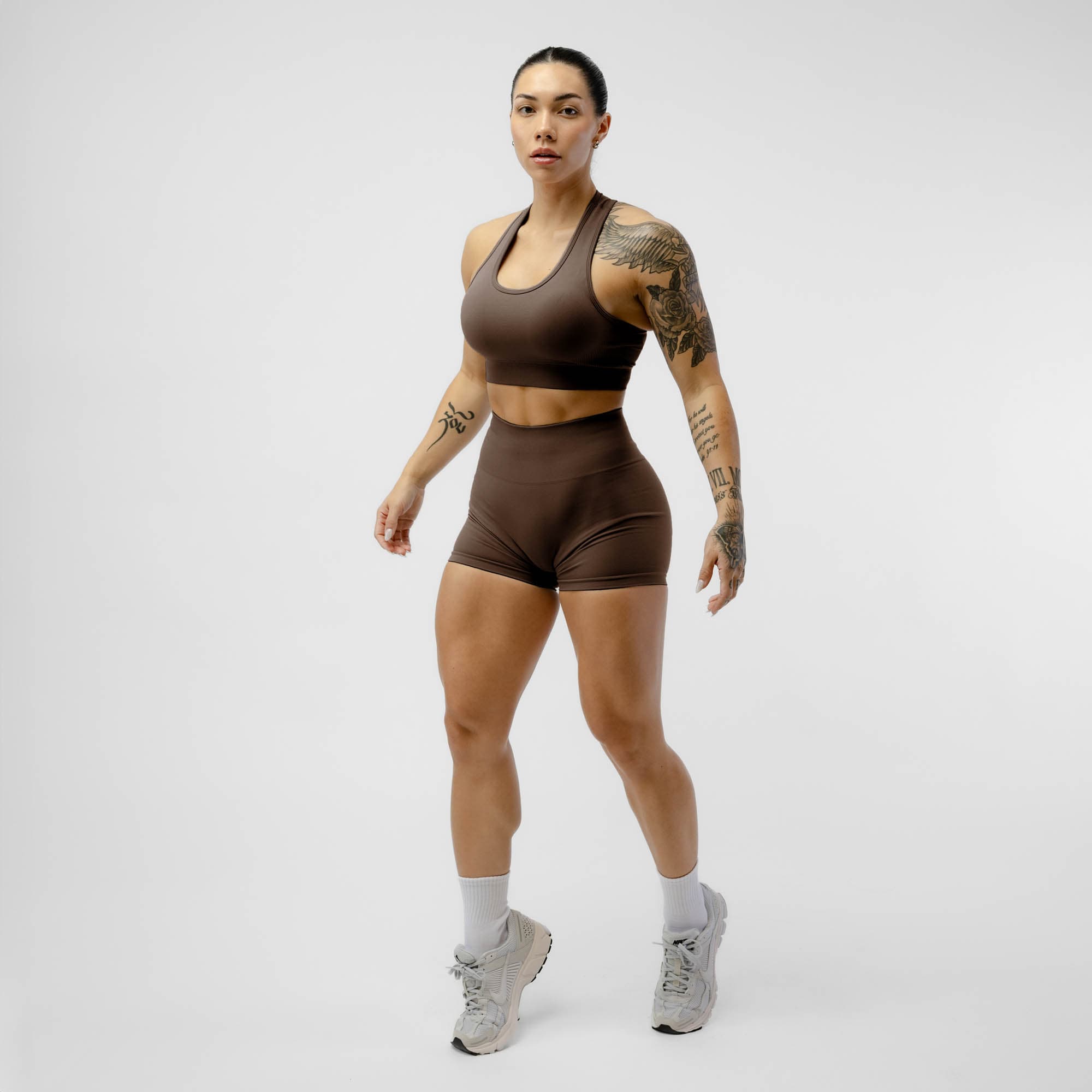 Athlete wearing the Toffee Halo Shorts full body shot