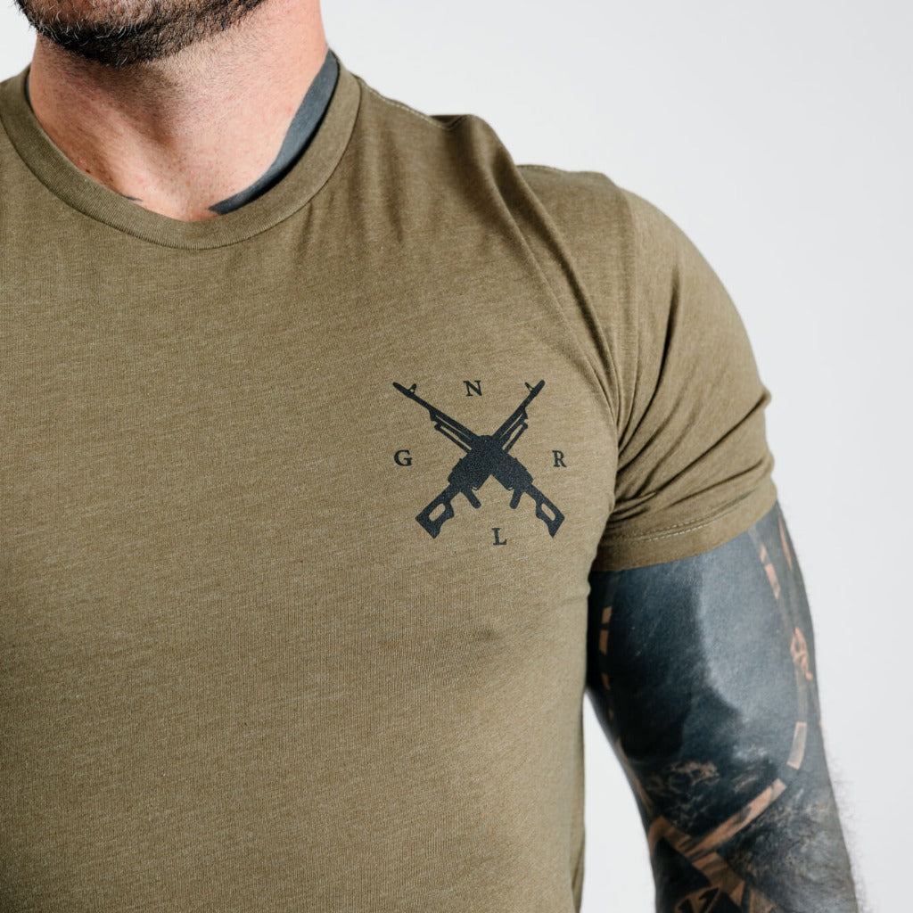 machine 54mm military green tee front close up