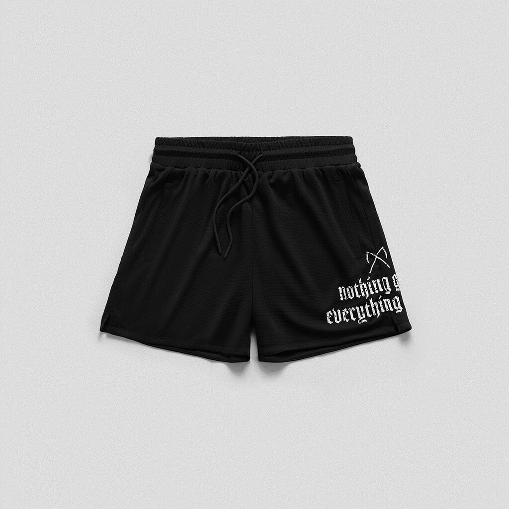 mantra mesh shorts black white front