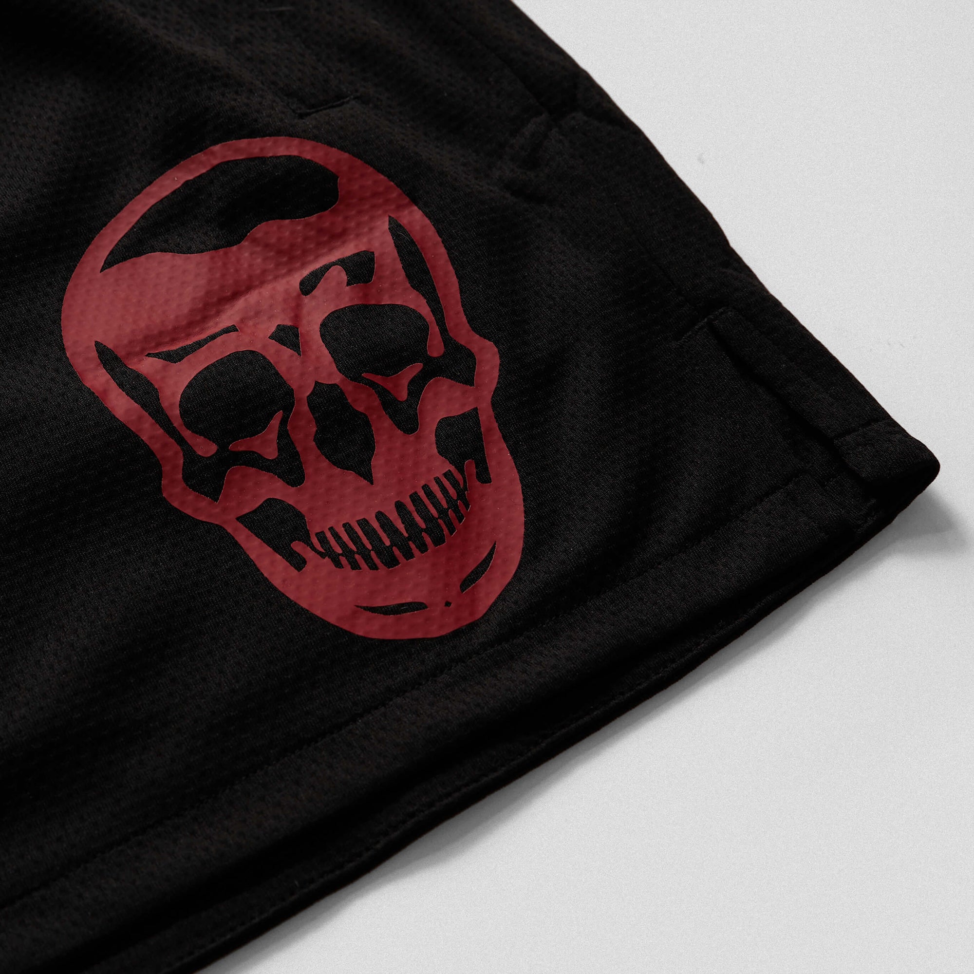 mesh shorts black red skull detail