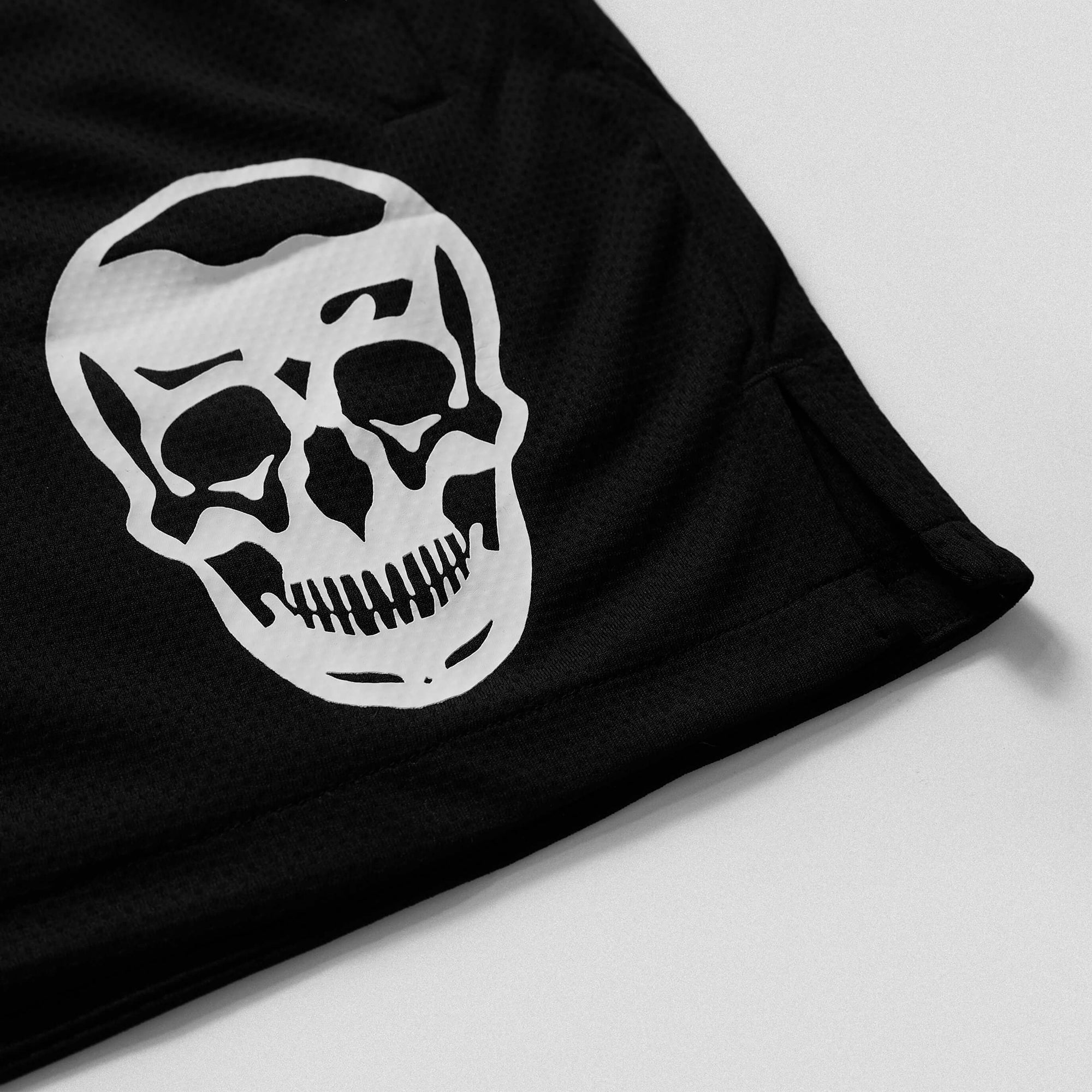 mesh shorts black white skull detail