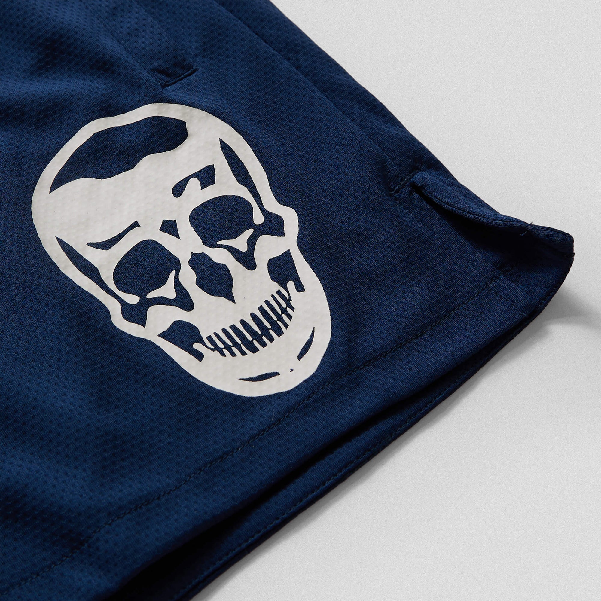 mesh shorts blue white skull detail