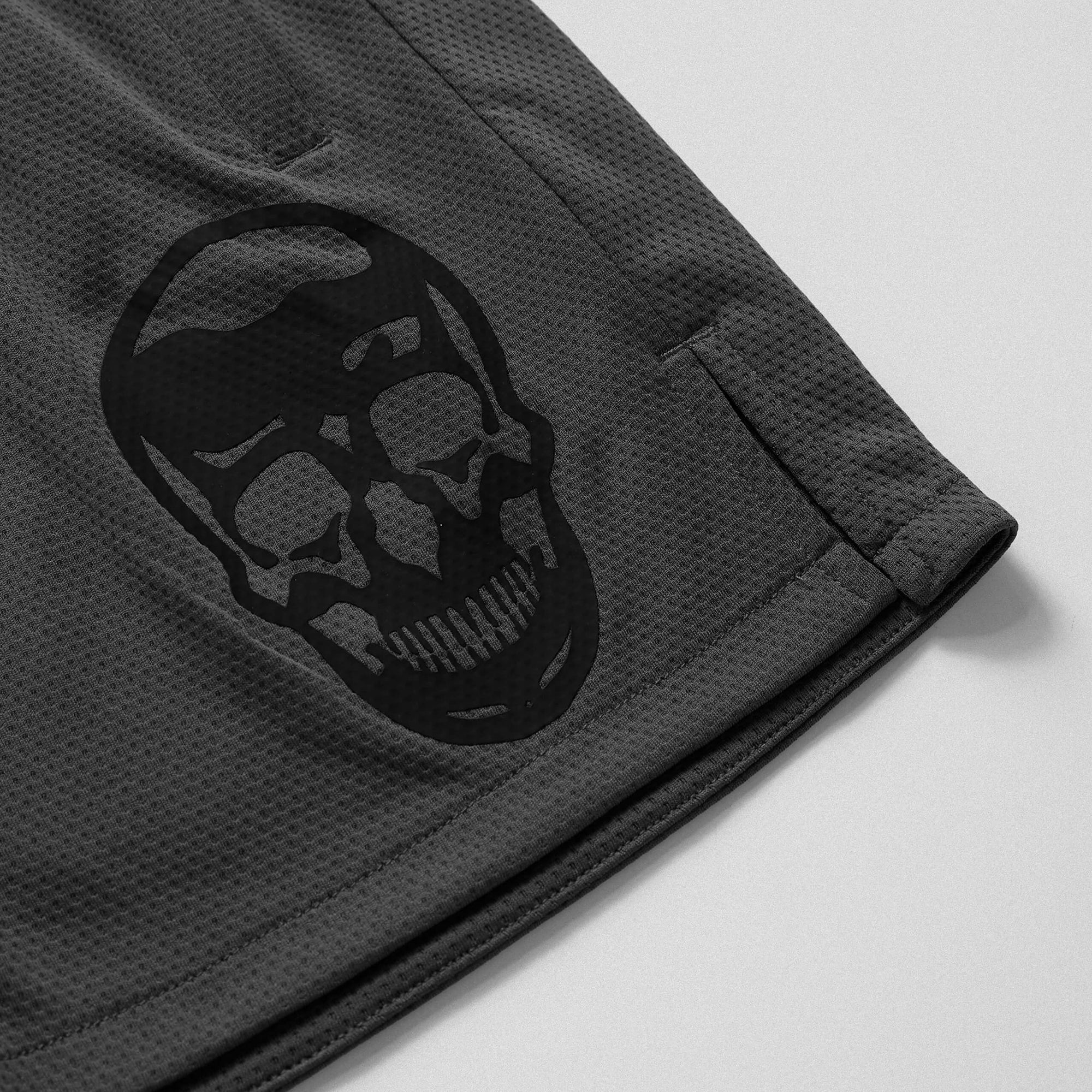 mesh shorts charcoal black skull detail