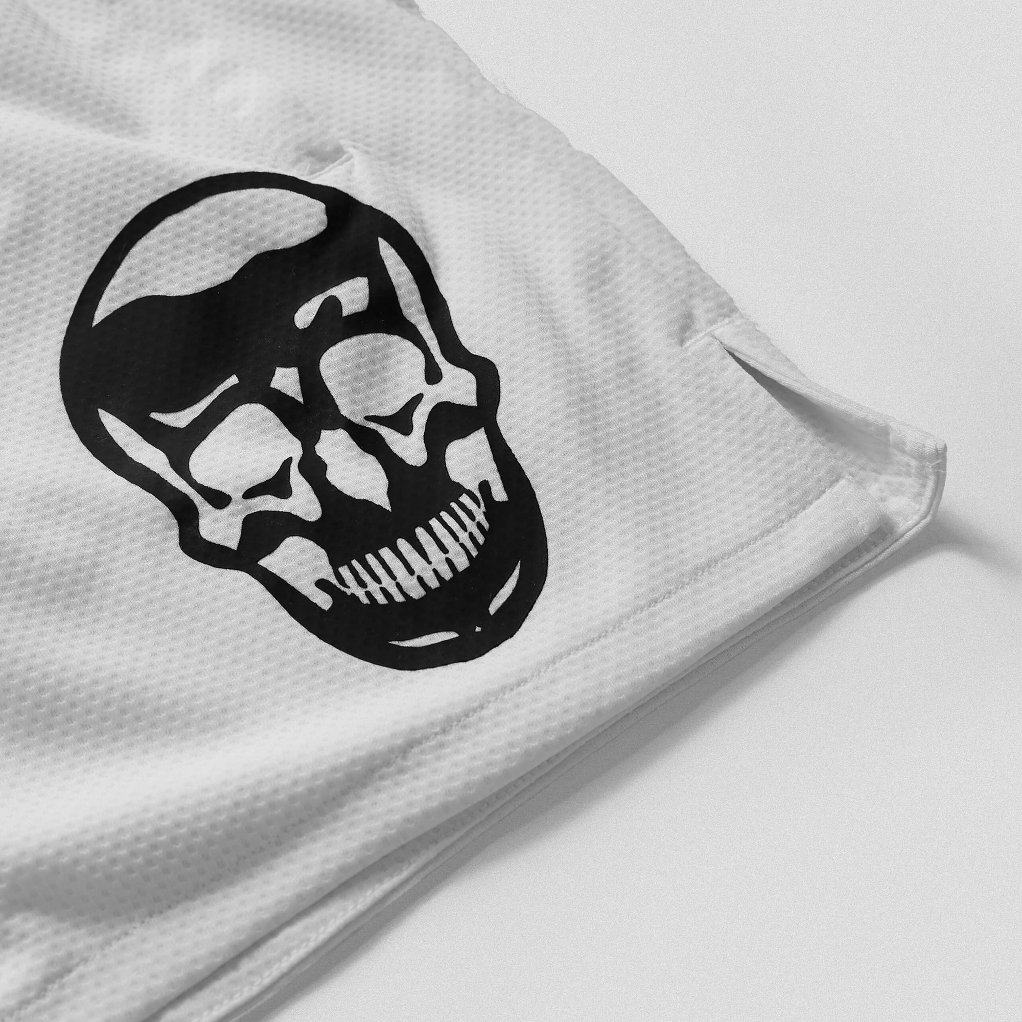mesh shorts white black skull detail