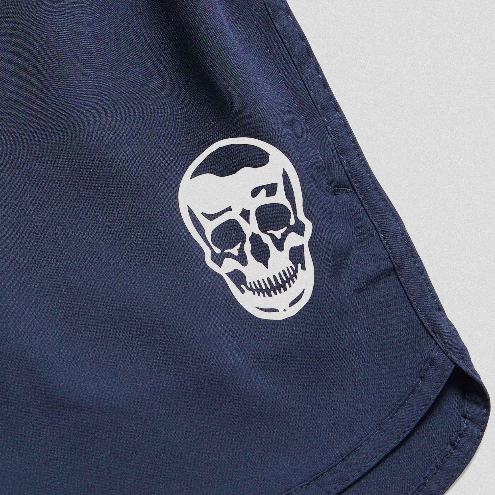 navy training shorts close up shot of logo