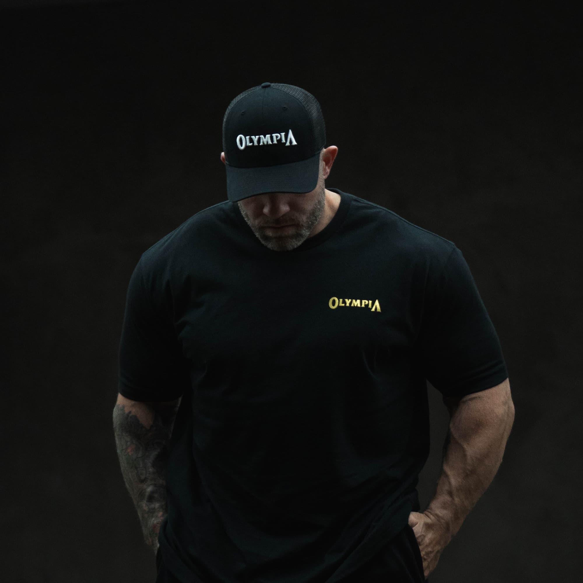 olympia trucker hat front on body