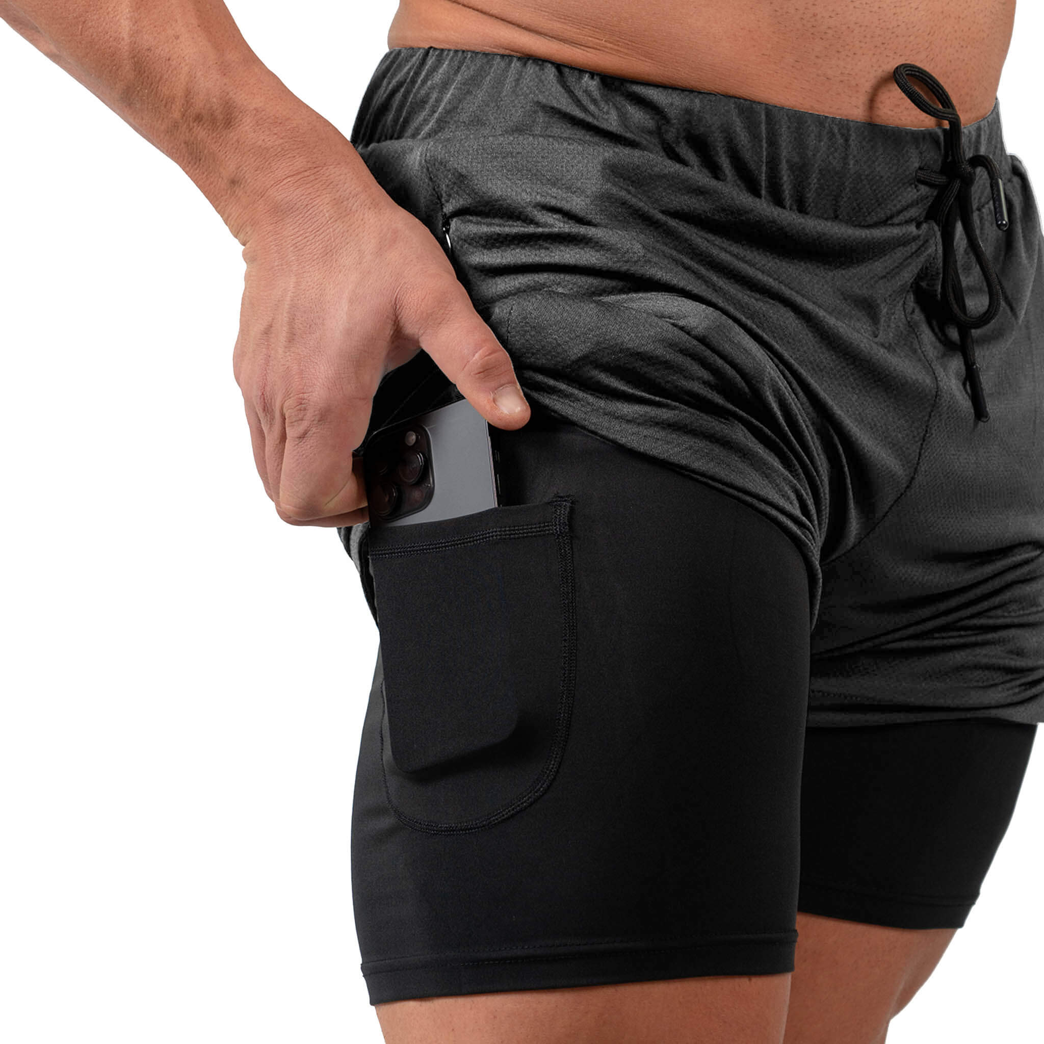 react training shorts gray phone pocket
