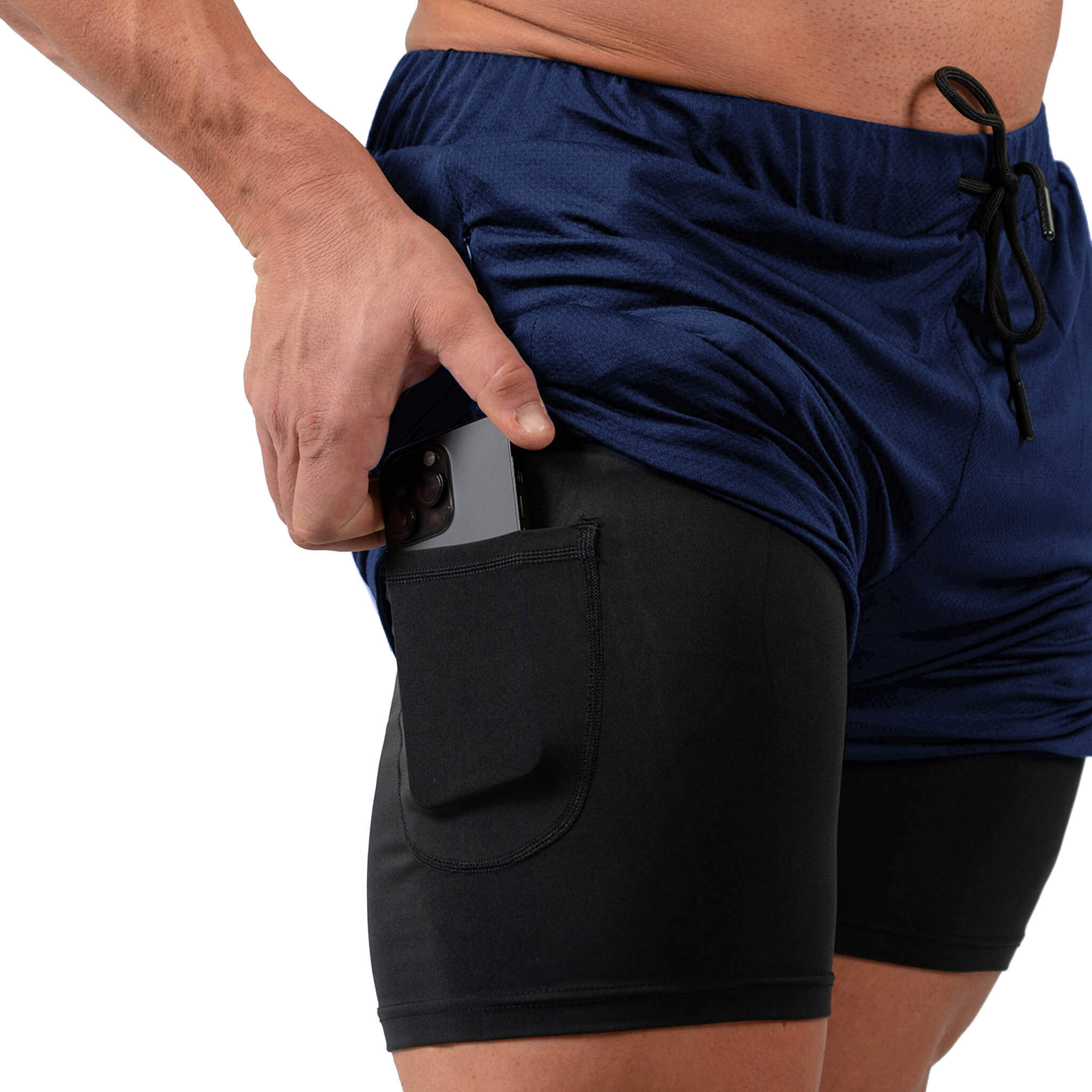 react training shorts navy phone pocket