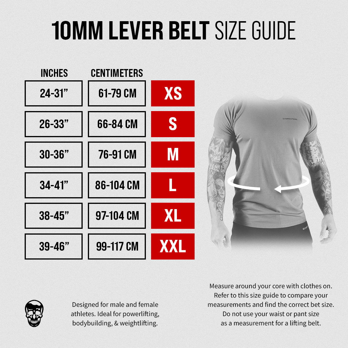 size chart 10mm lever belt gray texture