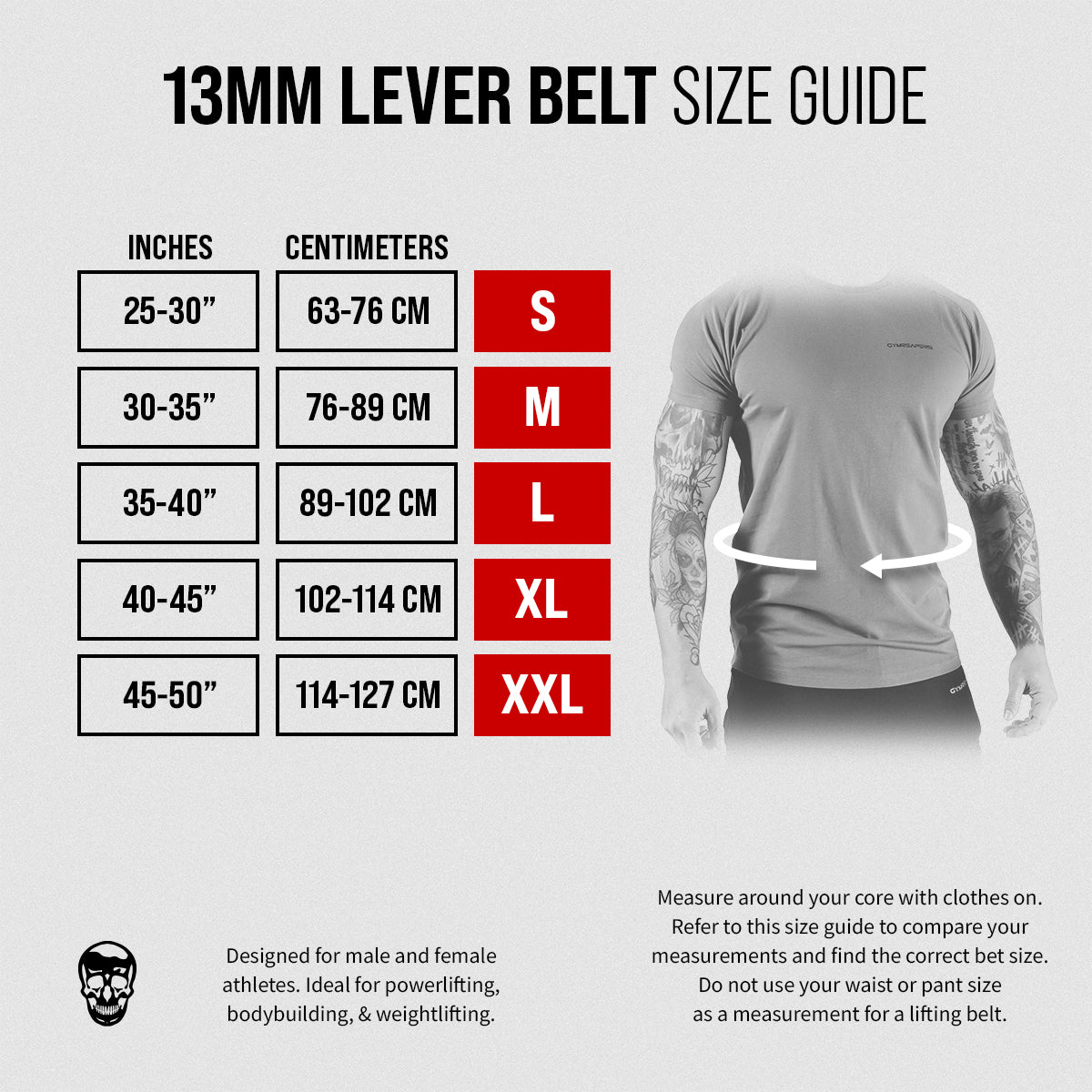 size chart 13mm lever belt gray texture