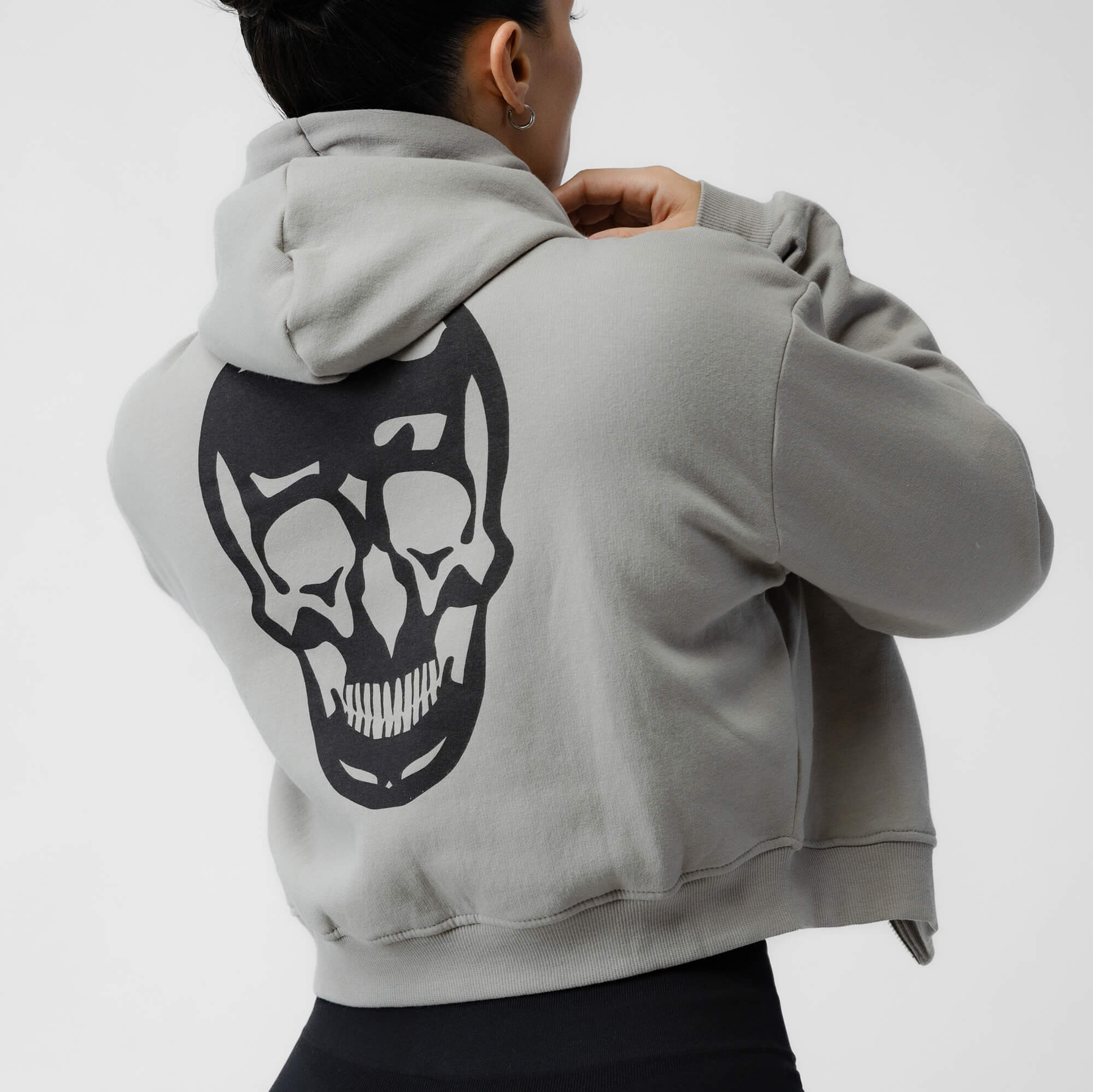 slate cropped hoodie skull close up