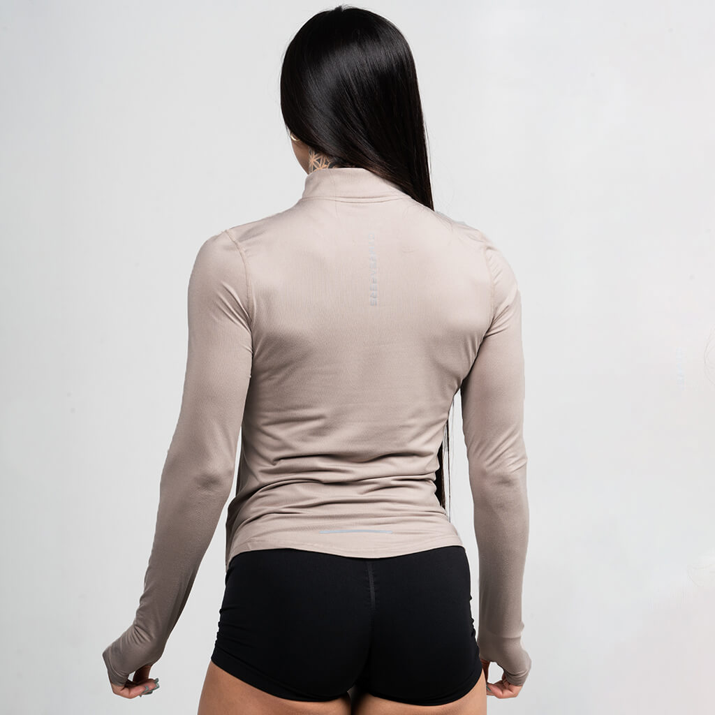 womens performance 1/4 zip taupe back