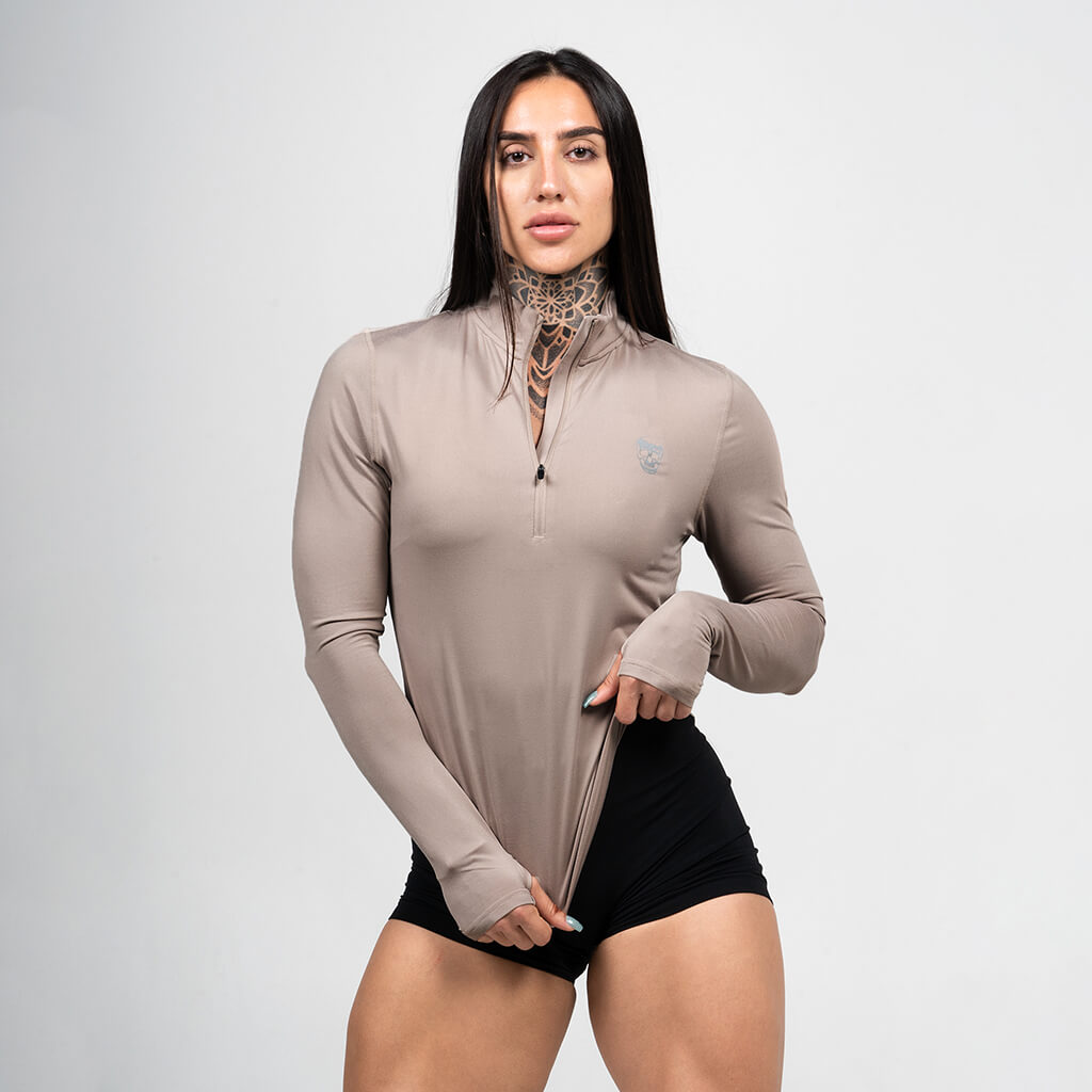 womens performance 1/4 zip taupe front