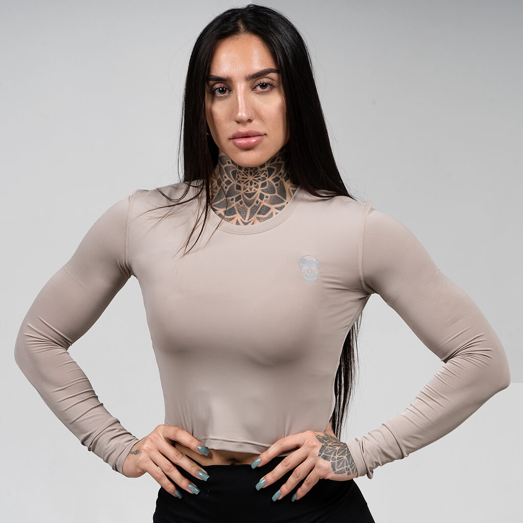 womens performance long sleeve taupe detail
