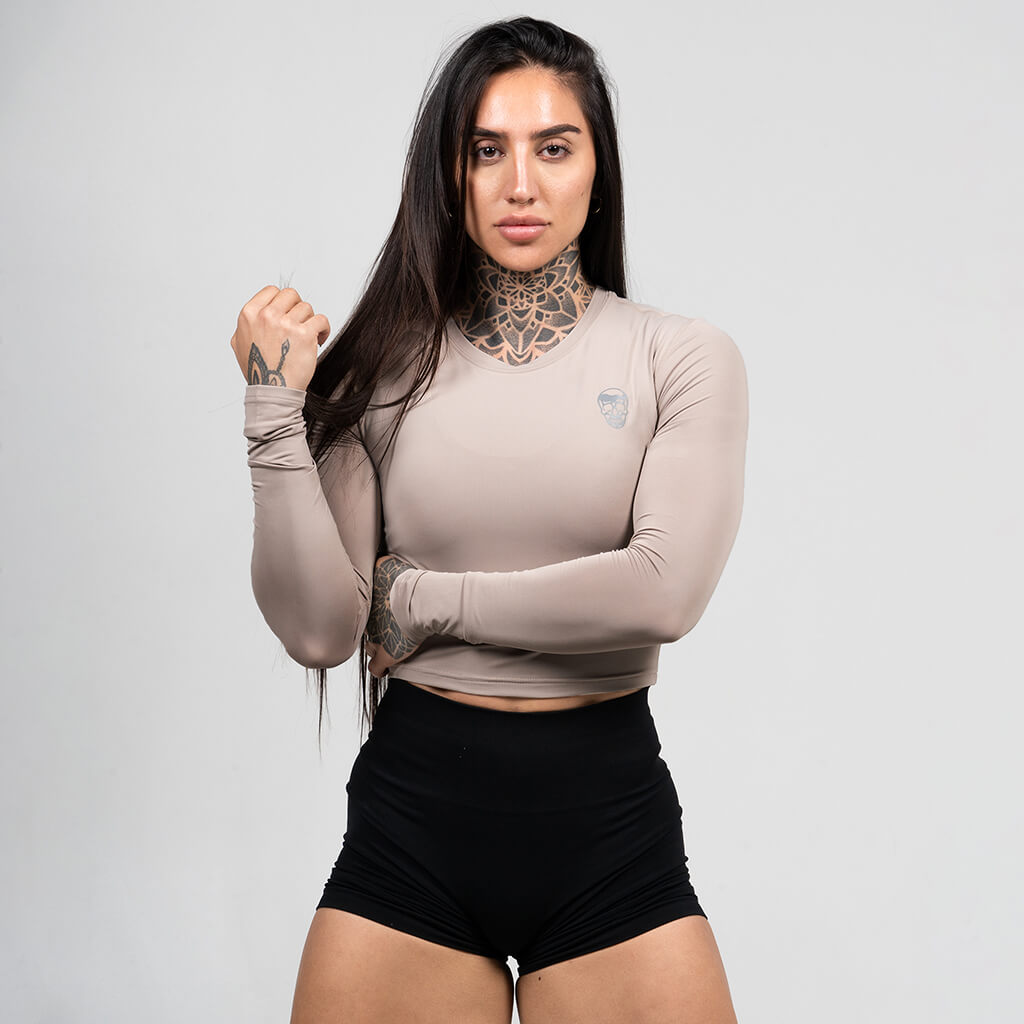 womens performance long sleeve taupe front