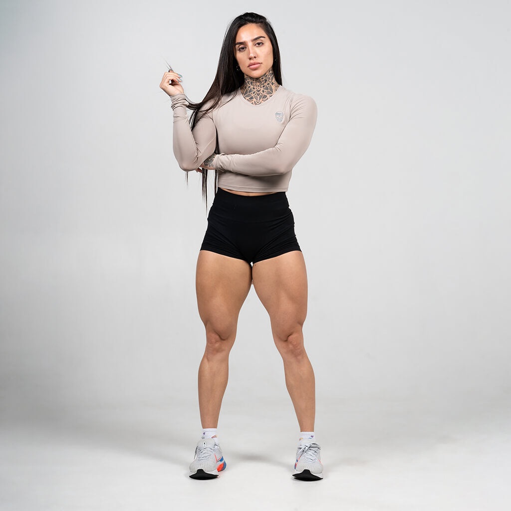 womens performance long sleeve taupe full